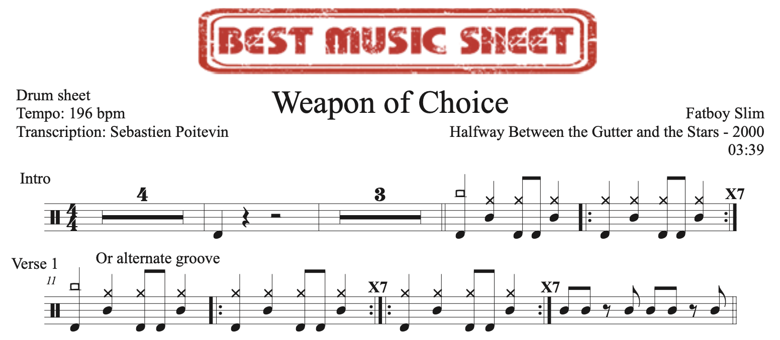 sample of the drum sheet of Weapon of Choice