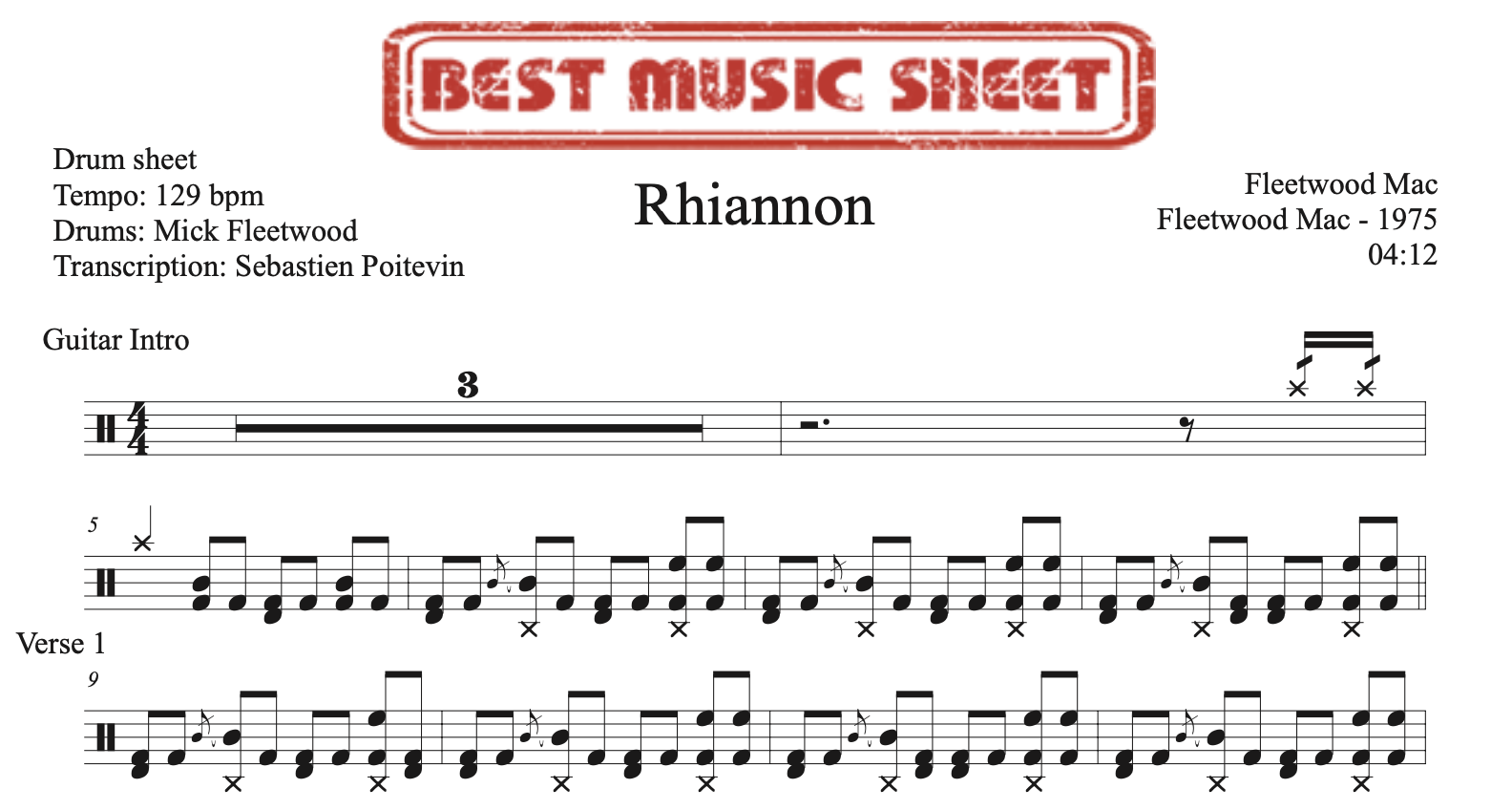 sample of the drum sheet of Rhiannon by Fleetwood Mac