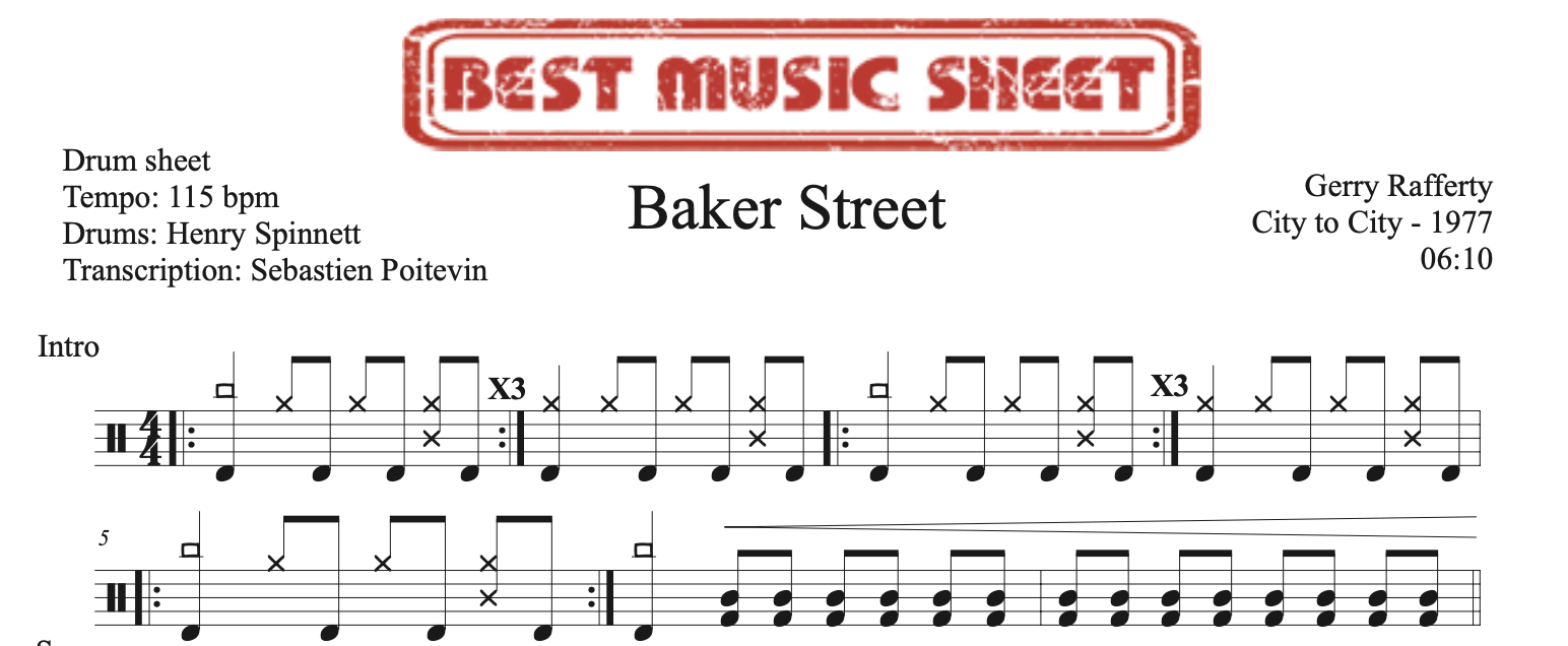 sample of the drum sheet of Baker Street by Gerry Rafferty