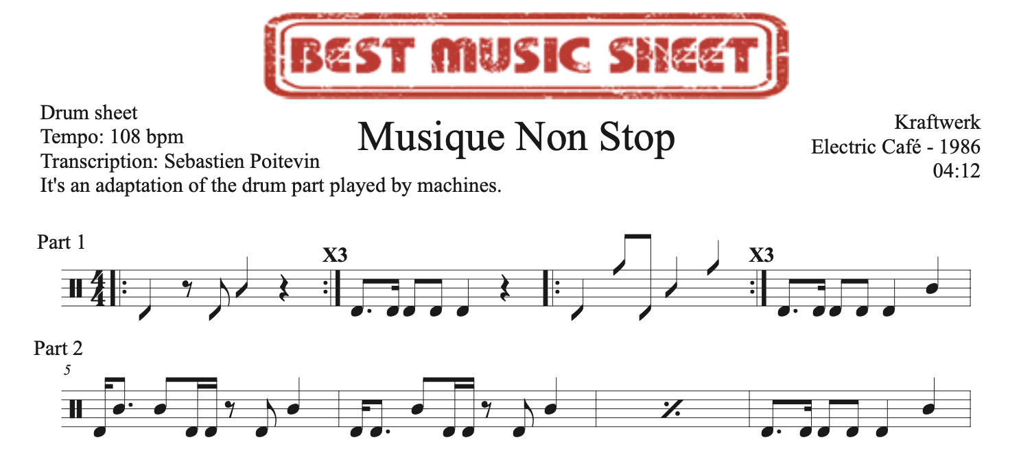 sample of the drum sheet of Musique Non Stop by Kraftwerk