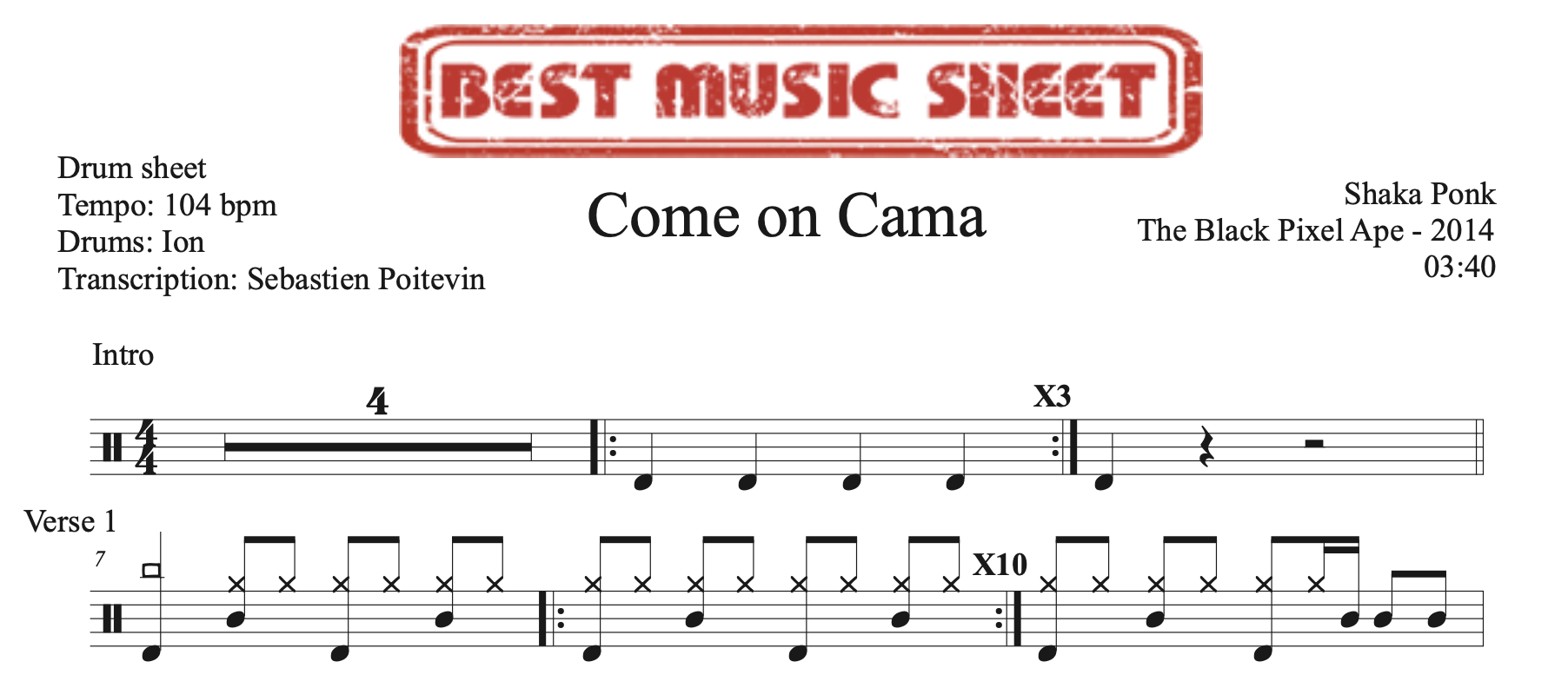 sample of the drum sheet of Come on Cama by Shaka Ponk