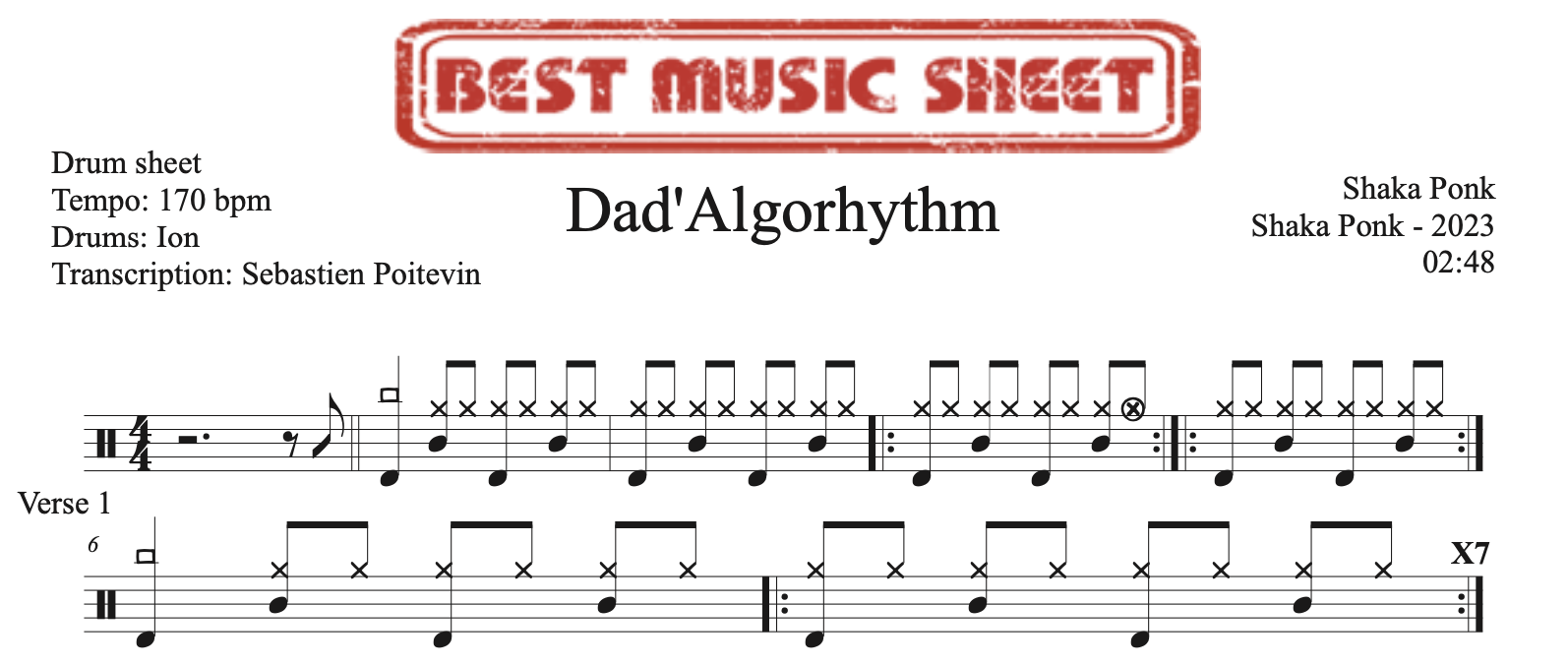 sample of the drum sheet of Dad’Algorhythm by Shaka Ponk