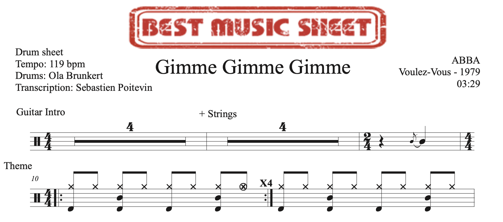 sample drum sheet of Gimme Gimme Gimme by ABBA