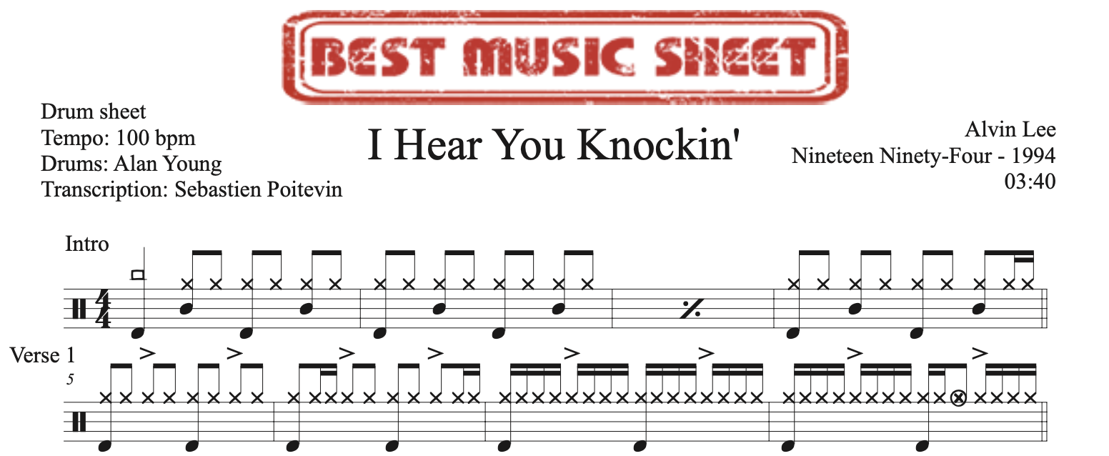 Sample drum sheet of I Hear You Rockin by Alvin Lee