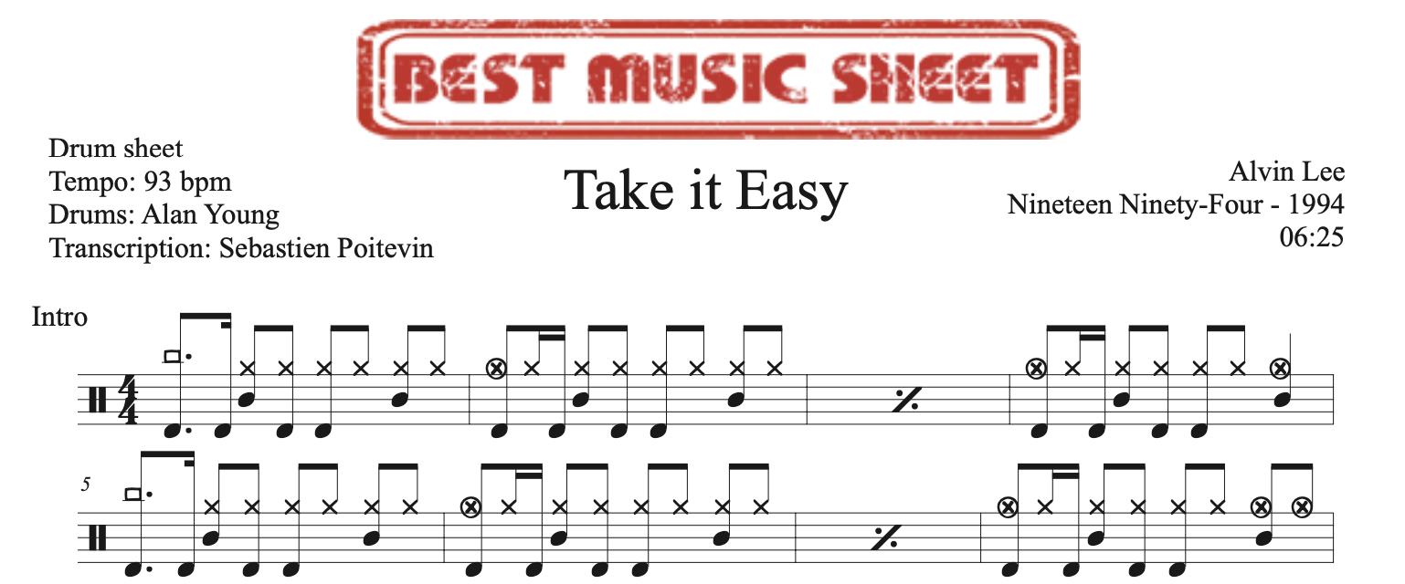 Sample drum sheet of Take It Easy by Alvin Lee