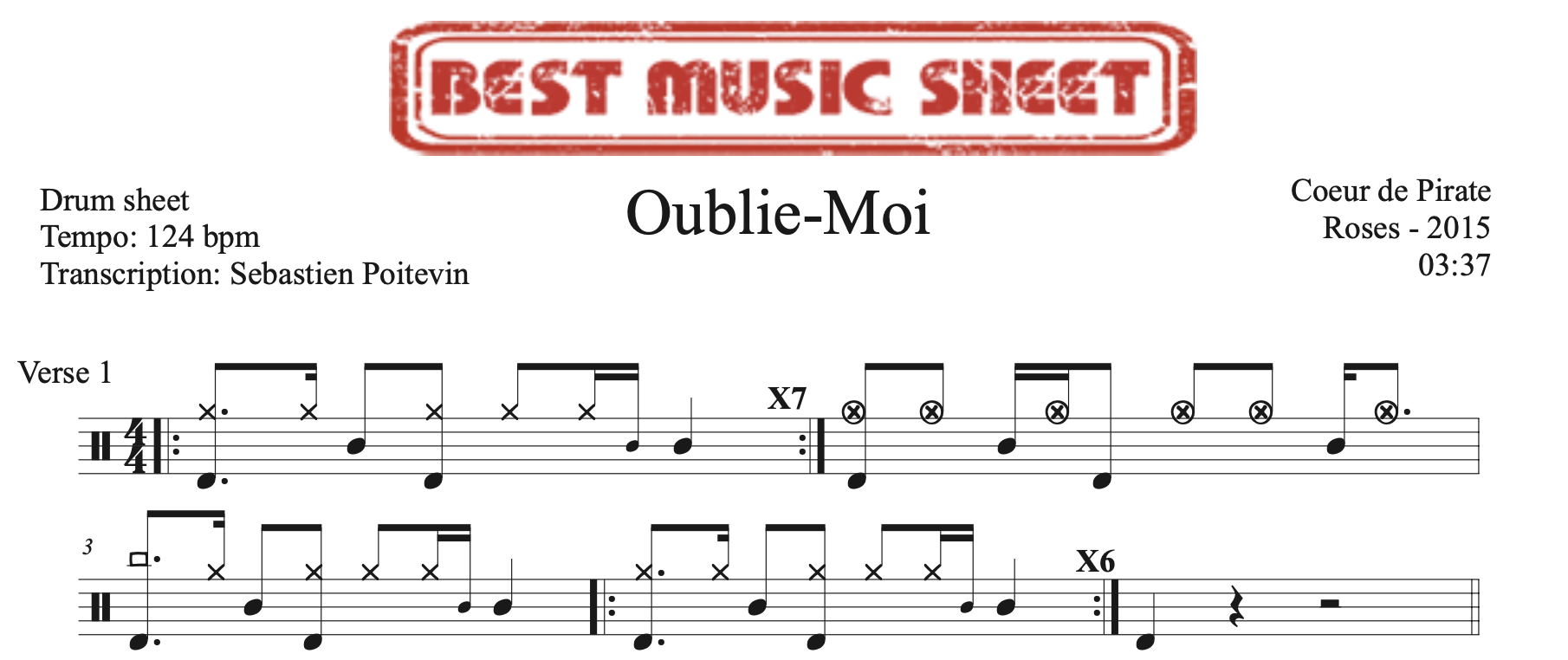 Sample drum sheet of Oublie Moi by Coeur De Pirate