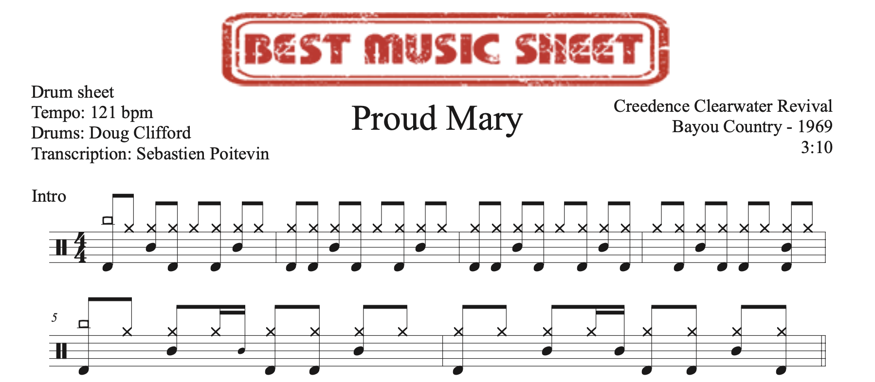 sample of the drum sheet of Proud Mary by Creedence Clearwater Revival