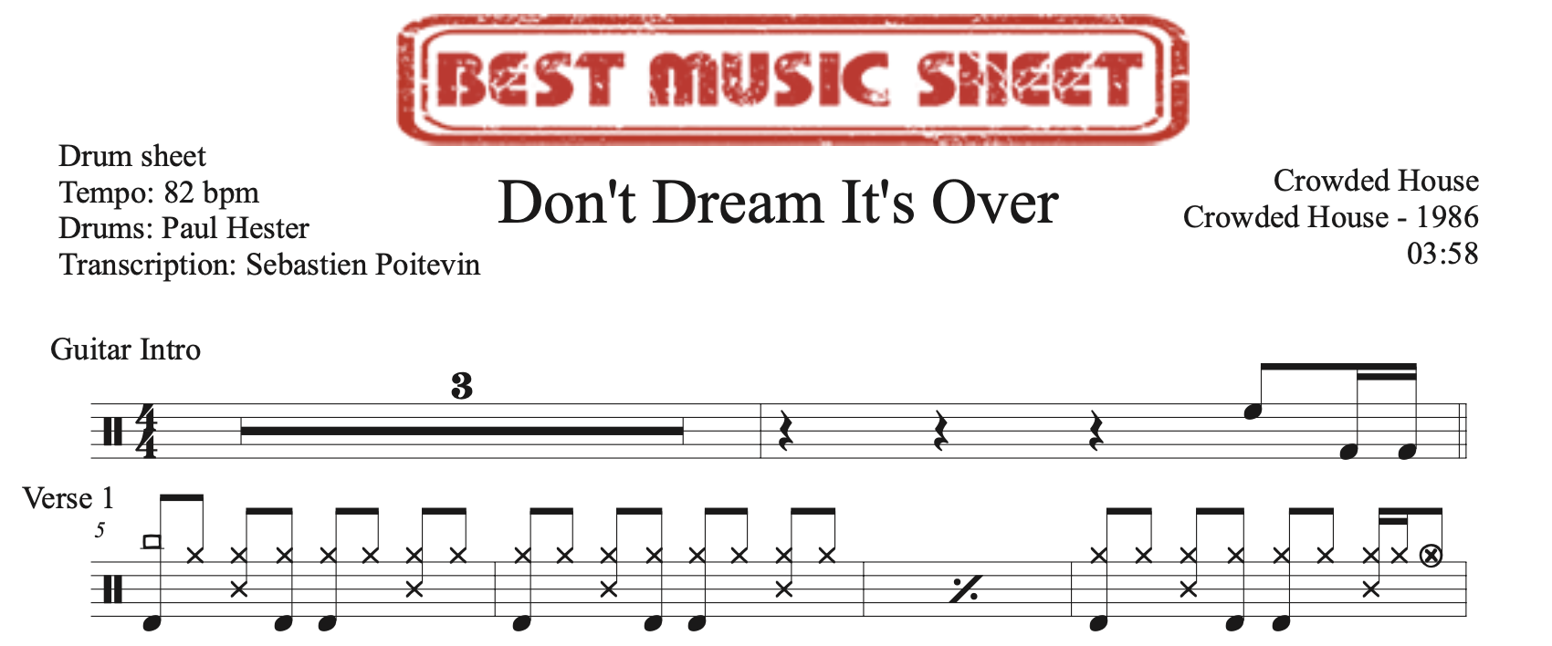 Sample drum sheet of Don't Dream It's Over by Crowded House