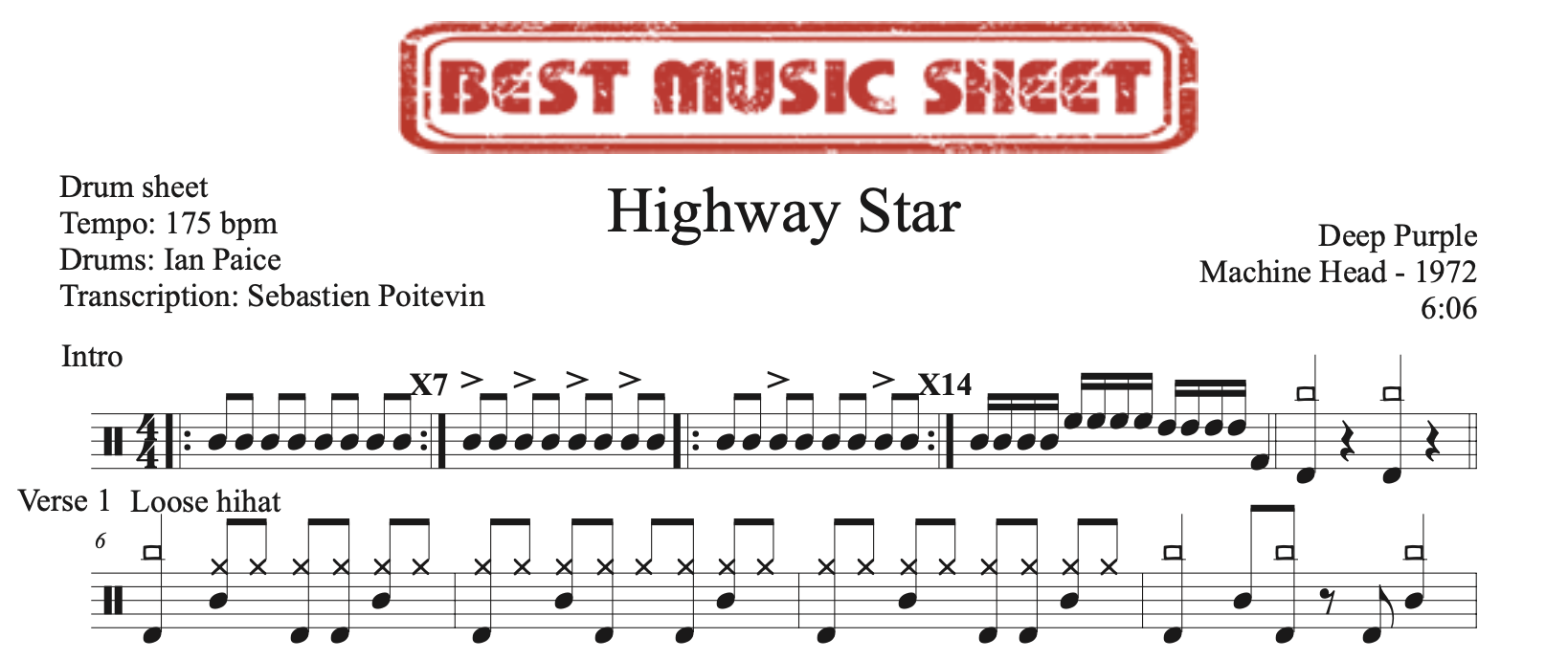 sample of the drum sheet of Highway Star by Deep Purple