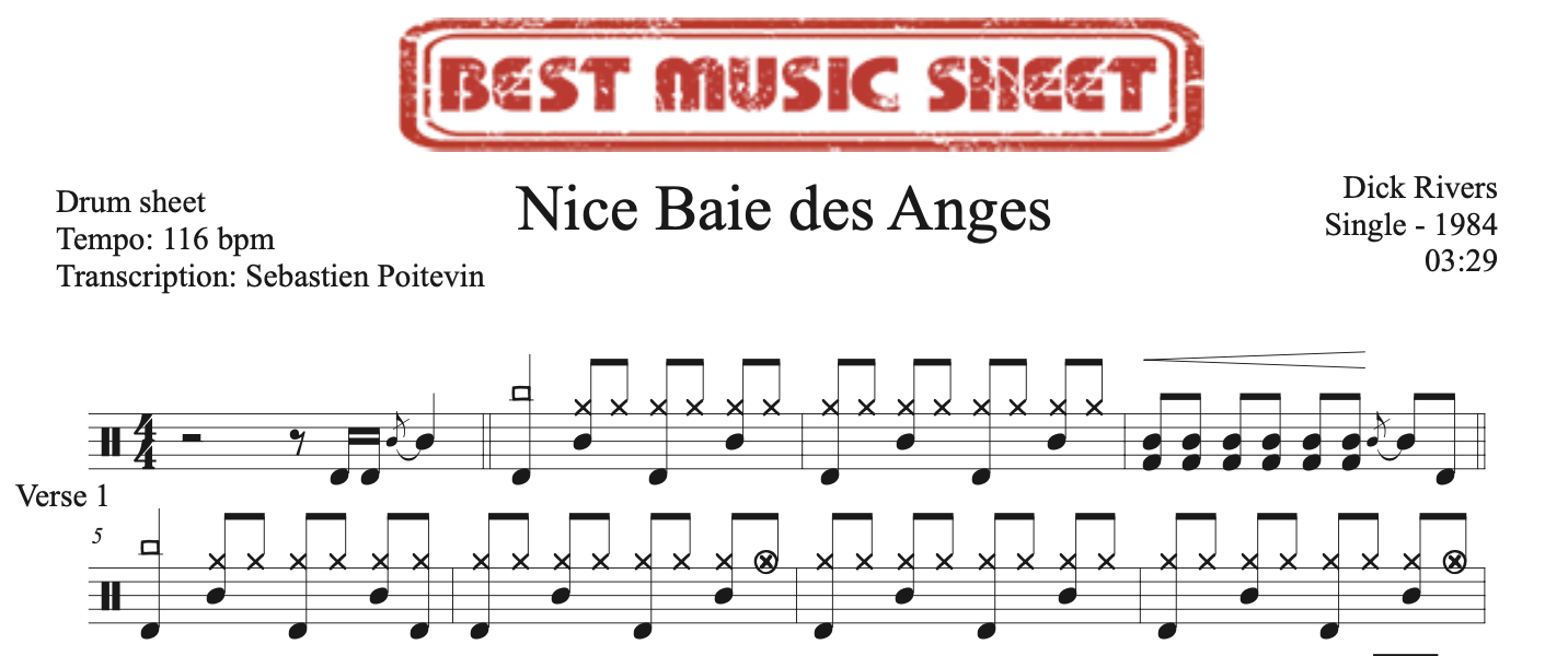 sample of the drum sheet of Nice Baie des Anges by Dick Rivers