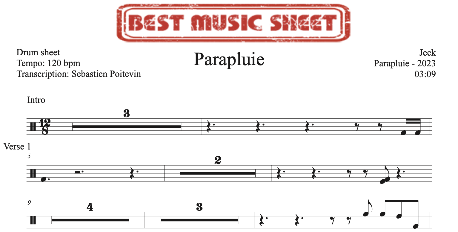 Sample drum sheet of Parapluie by Jeck