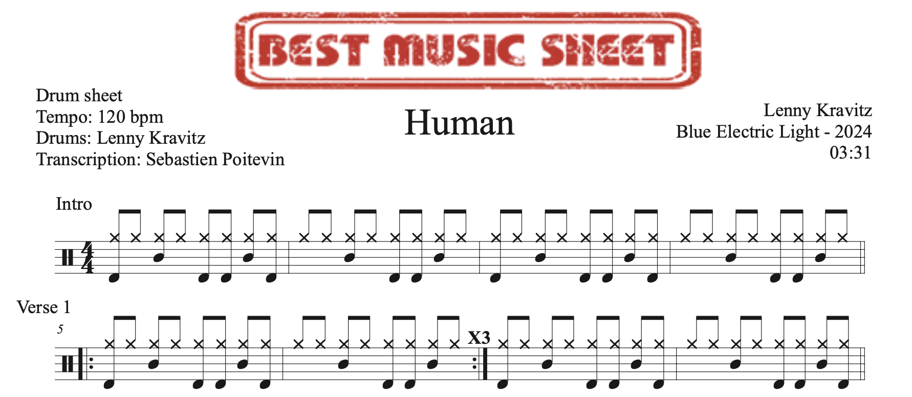 sample drum sheet of Human by Lenny Kravitz