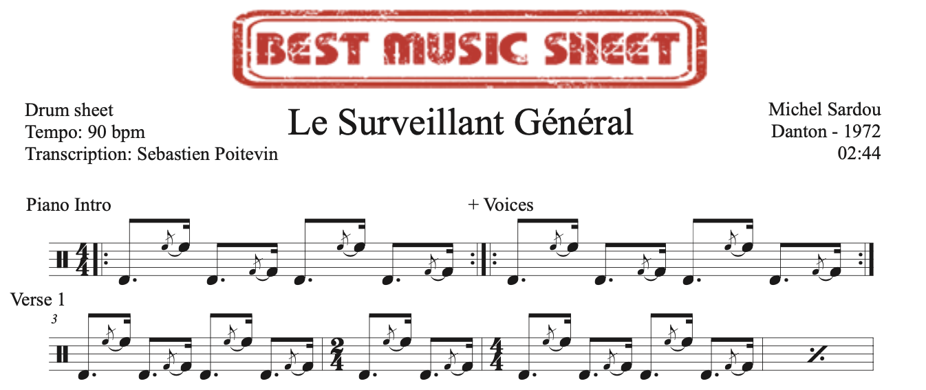 Sample drum sheet of Le Surveillant Général by Michel Sardou
