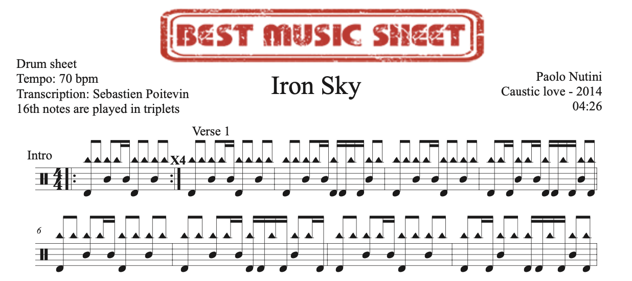 Sample drum sheet of Iron Sky by Paolo Nutini