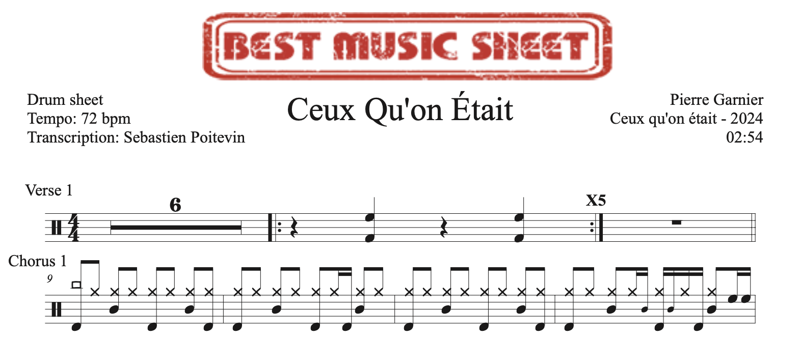sample of the drum sheet of Ceux Qu'on Était by Pierre Garnier