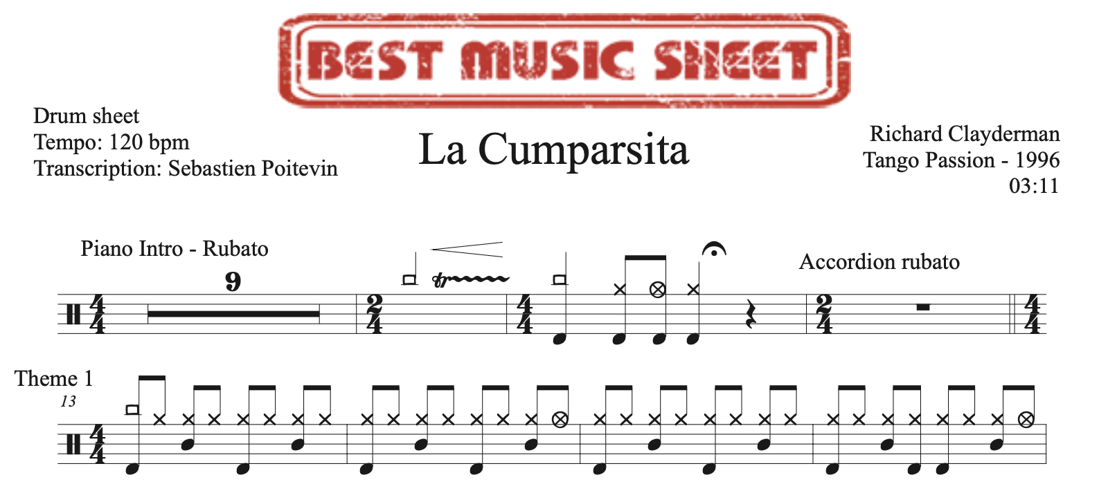 sample drum sheet of La Cumparsita by Richard Clayderman