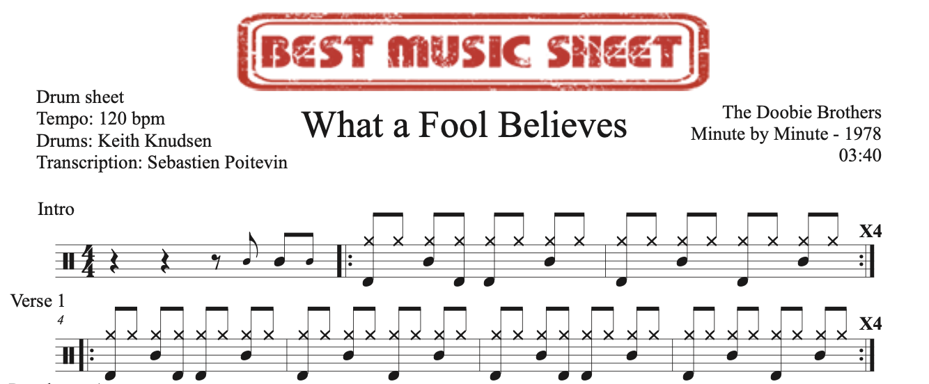 Sample drum sheet of What a Fool Believes by The Doobie Brothers