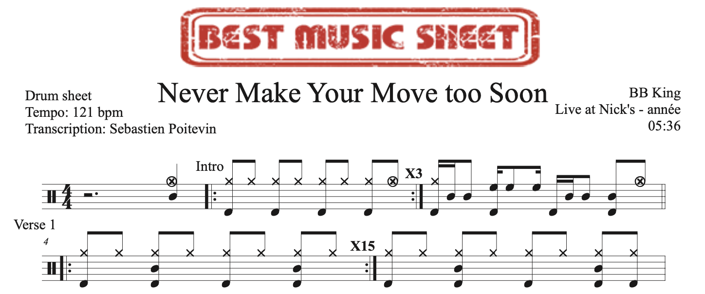 Sample drum sheet of Never Make Your Move Too Soon by BB King