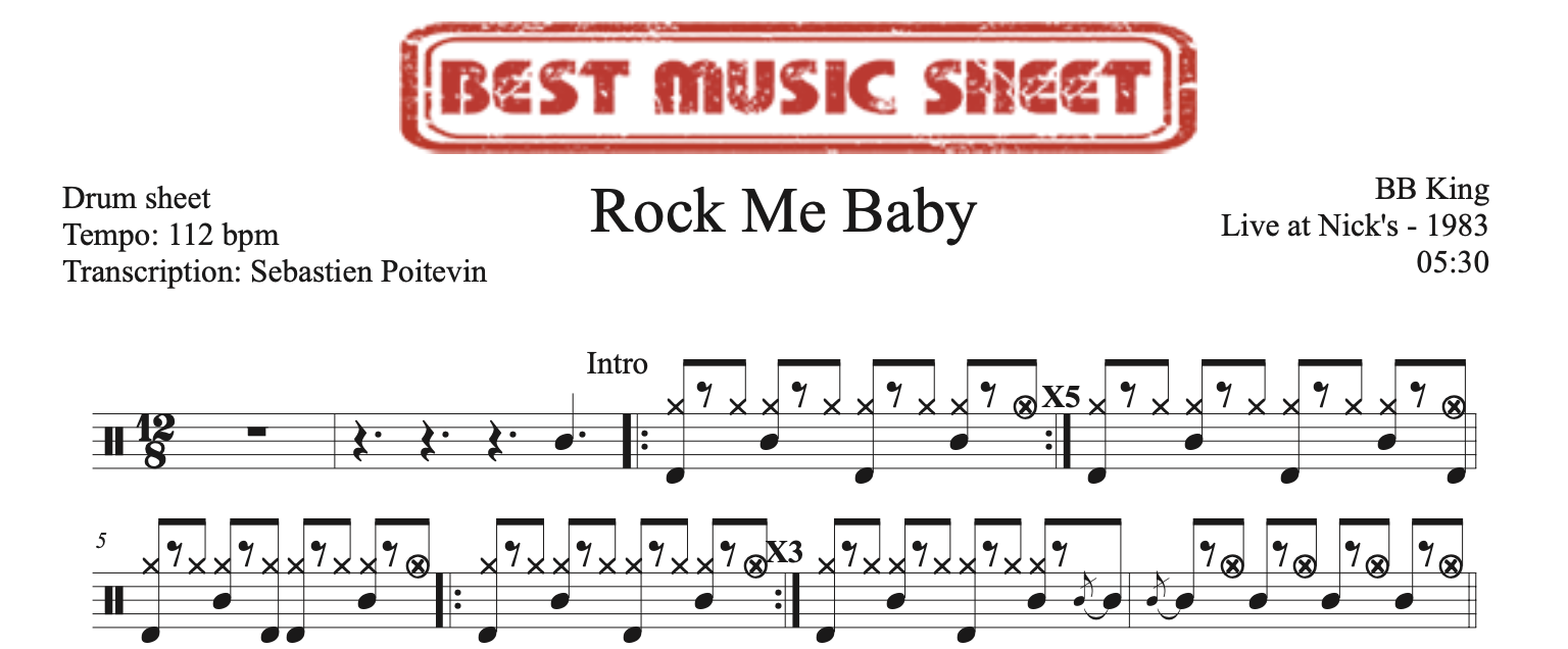 Sample drum sheet of Rock Me Baby by BB King
