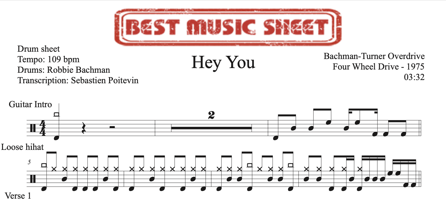 Sample drum sheet of Hey You by Bachman-Turner Overdrive