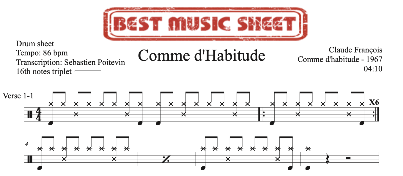 Sample drum sheet of Comme d'Habitude by Claude Francois