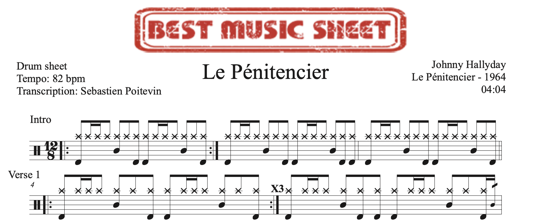 Sample drum sheet of Le Penitencier by Johnny Hallyday