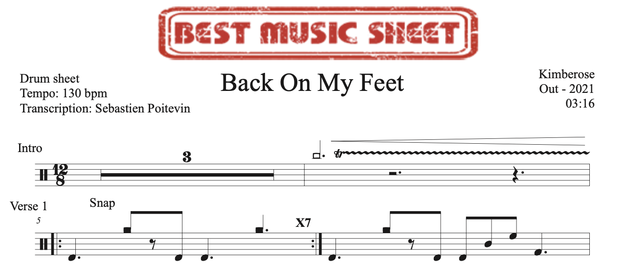 Sample drum sheet of Back On My Feet by Kimberose