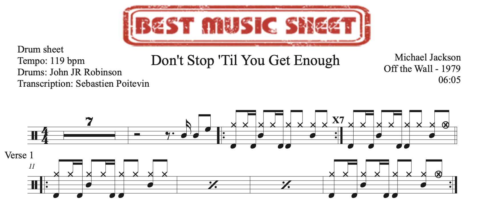 Sample drum sheet of Don't Stop 'Til You Get Enough by Michael Jackson
