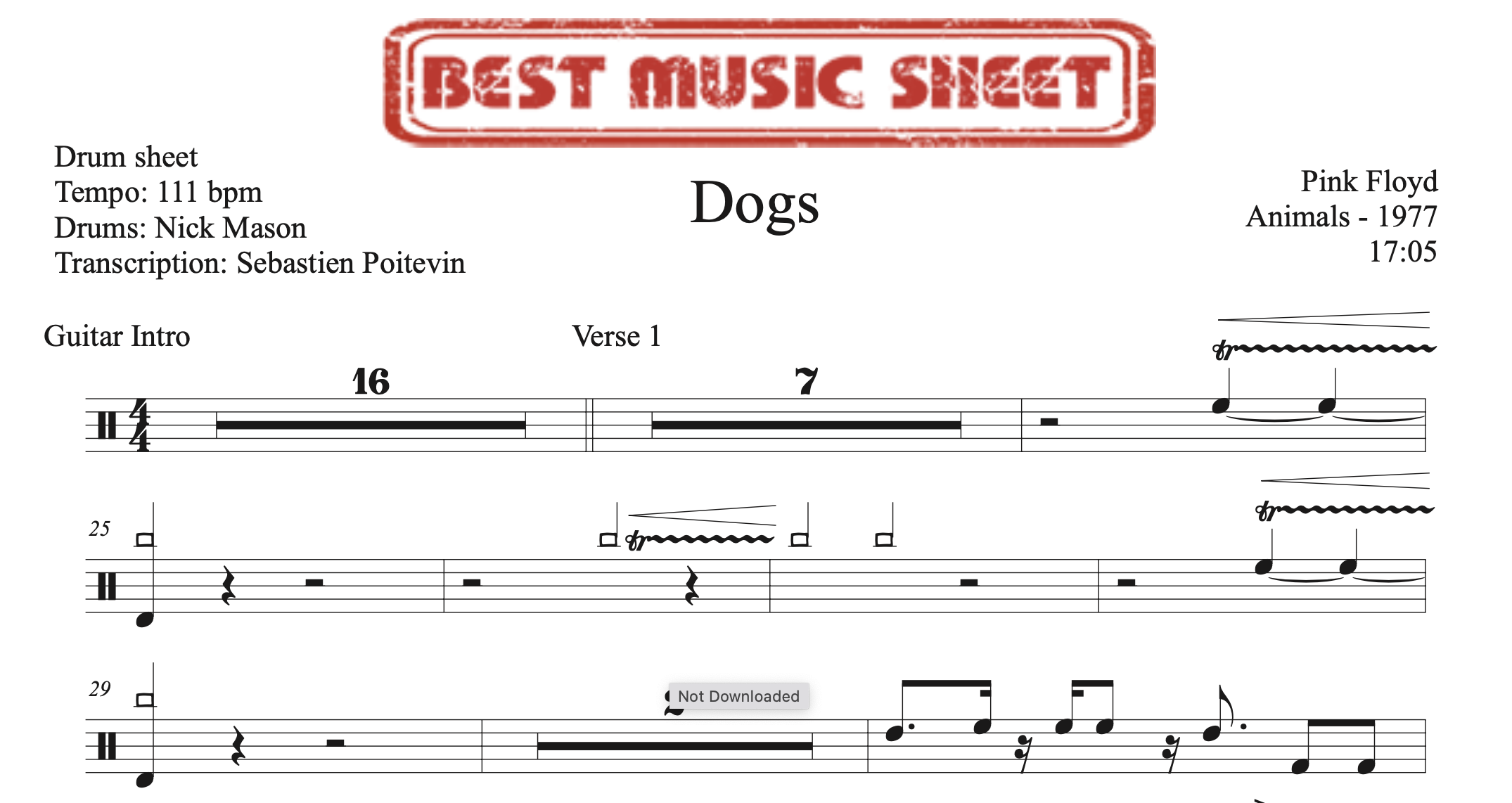 Sample drum sheet of Dogs by Pink Floyd