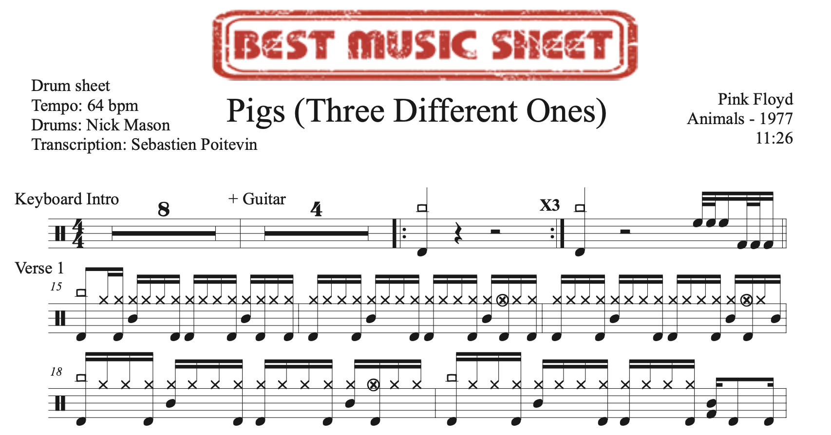 Sample drum sheet of Pigs (Three Different Ones)