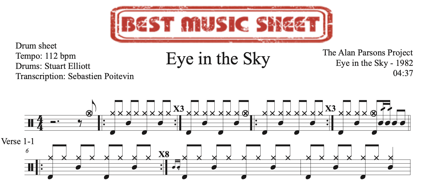 Sample drum sheet of Eye In The Sky by The Alan Parsons Project