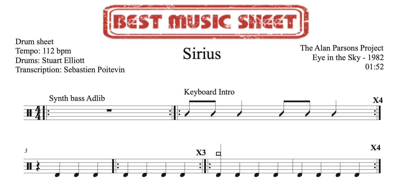 Sample drum sheet of Sirius by The Alan Parsons Project