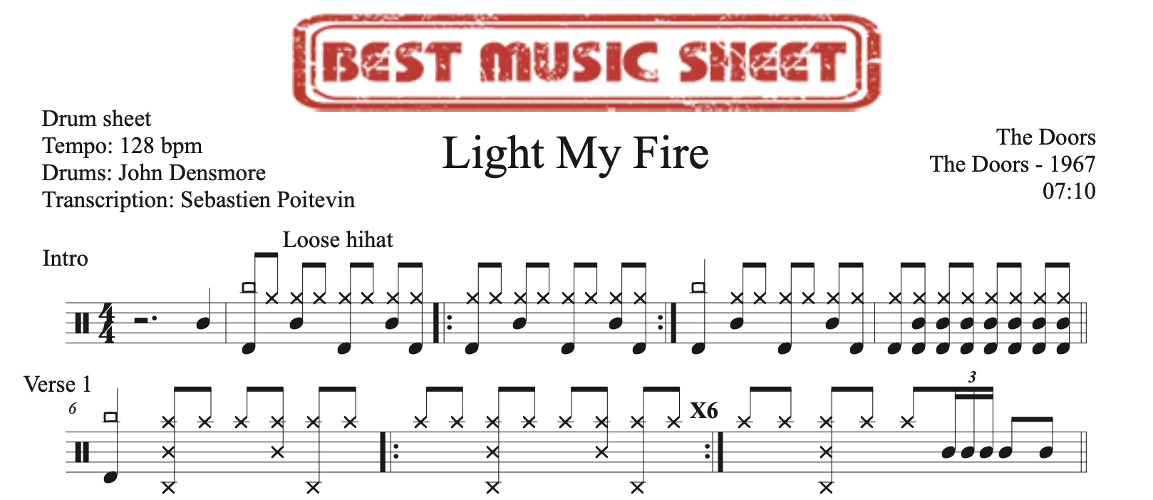 Sample drum sheet of Light My Fire by the Doors