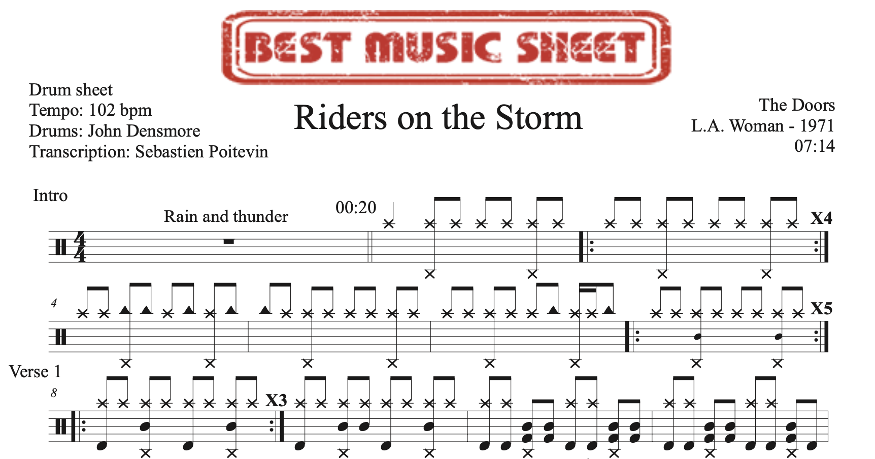 Sample drum sheet of Riders on the Storm by The Doors