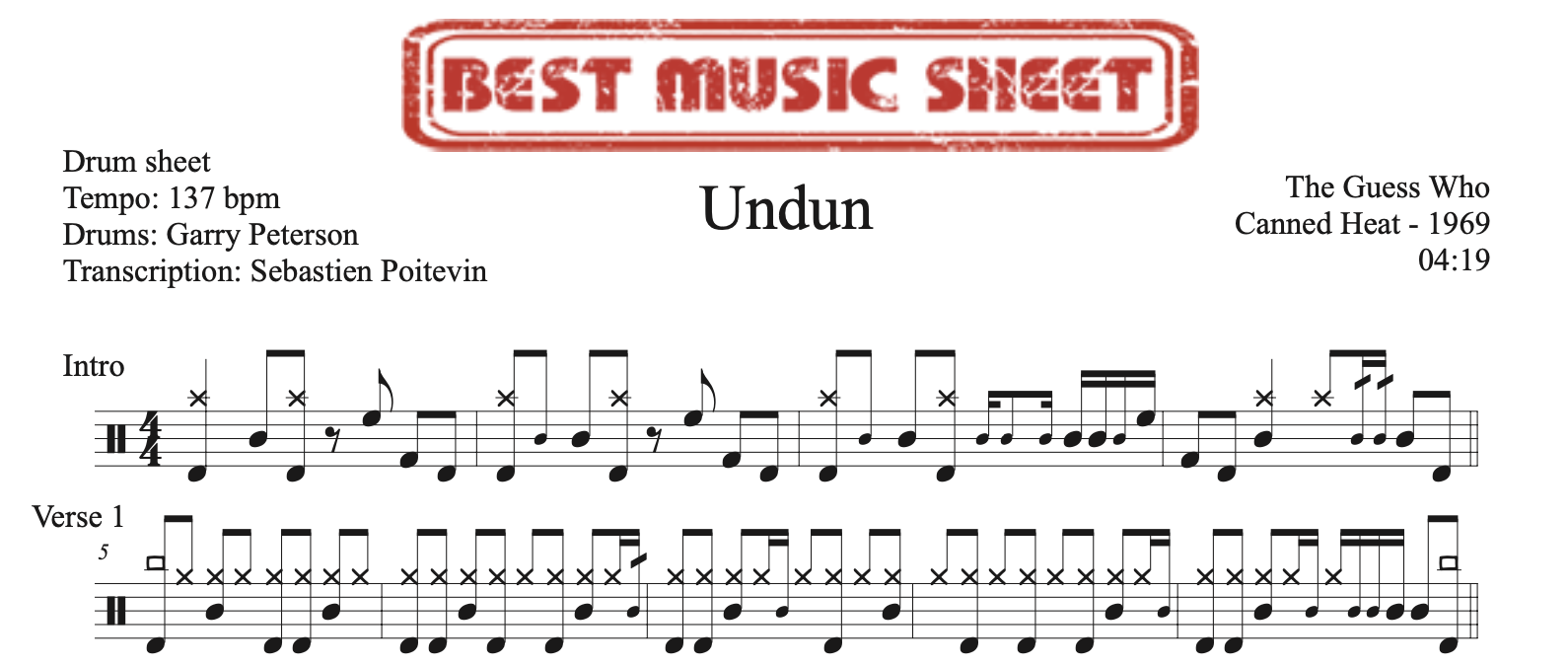 Sample drum sheet of Undun by The Guess Who