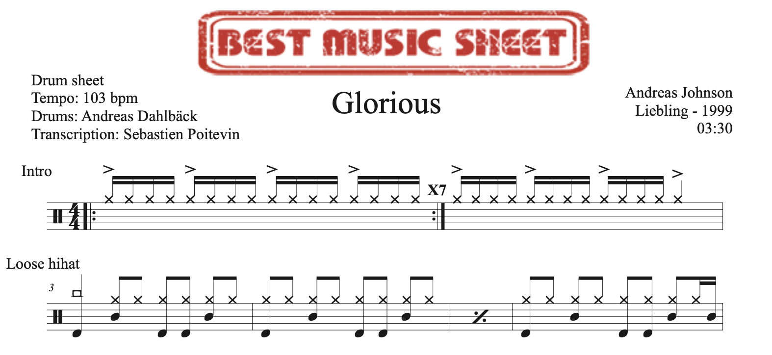 Sample drum sheet of Glorious by Andreas Johnson