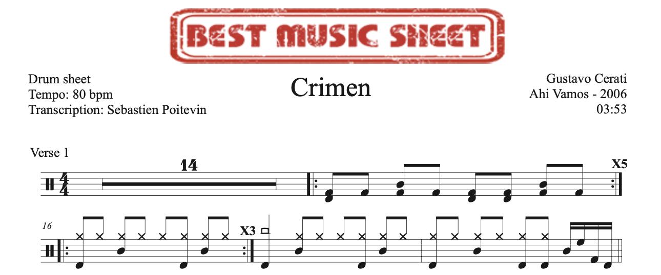 Sample drum sheet of Crimen by Gustavo Cerati