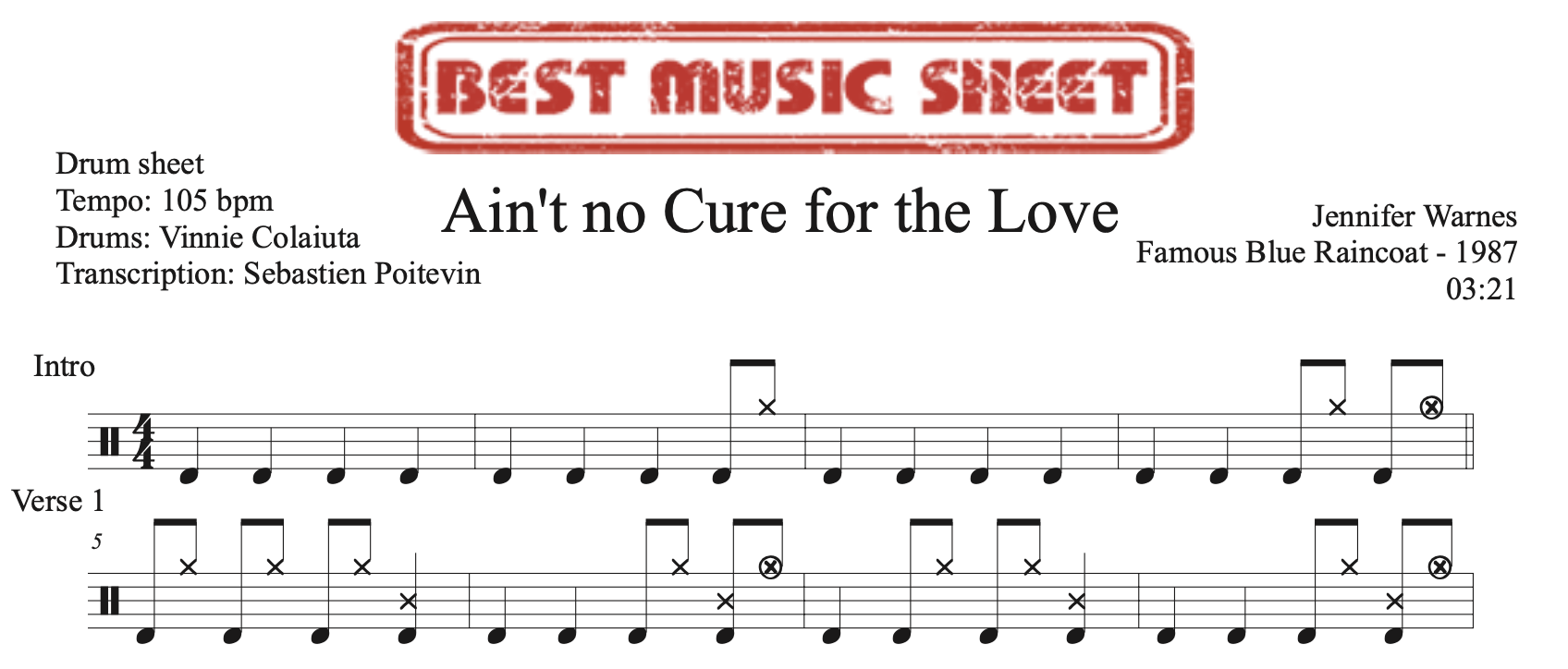 Sample drum sheet of Ain't No Cure For Love by Jennifer Warnes
