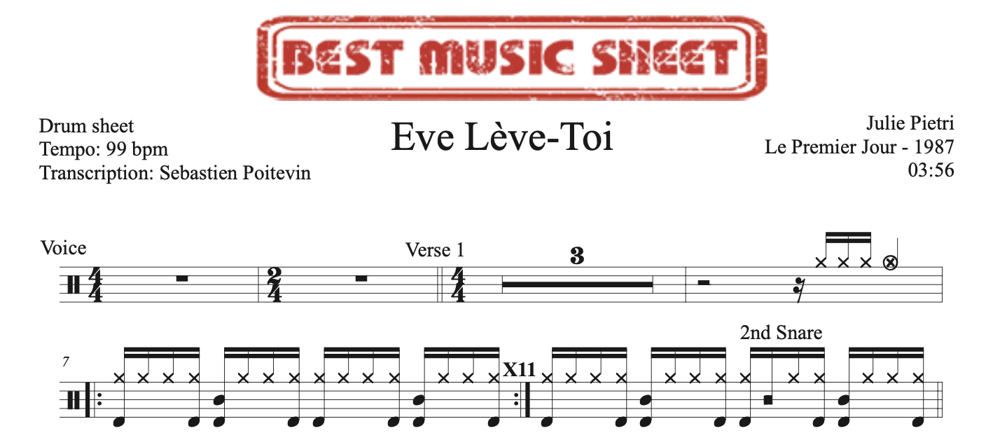 Sample drum sheet of Eve Leve-Toi by Julie Pietri