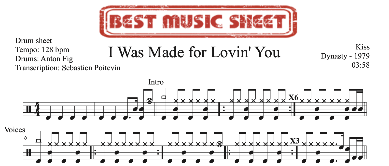 Sample drum sheet of I Was Made for Lovin You by Kiss single version