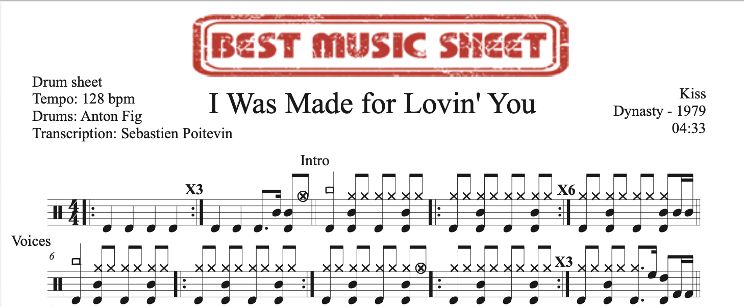 Sample drum sheet of I Was Made for Lovin by Kiss You album version
