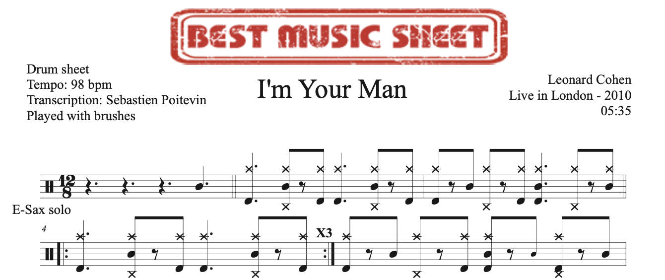 Sample drum sheet of I'm Your Man by Leonard Cohen