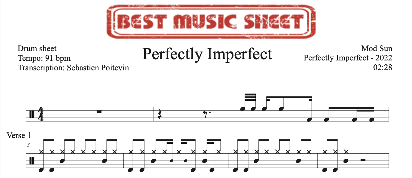 Sample drum sheet of Perfectly Imperfect by Mod Sun 
