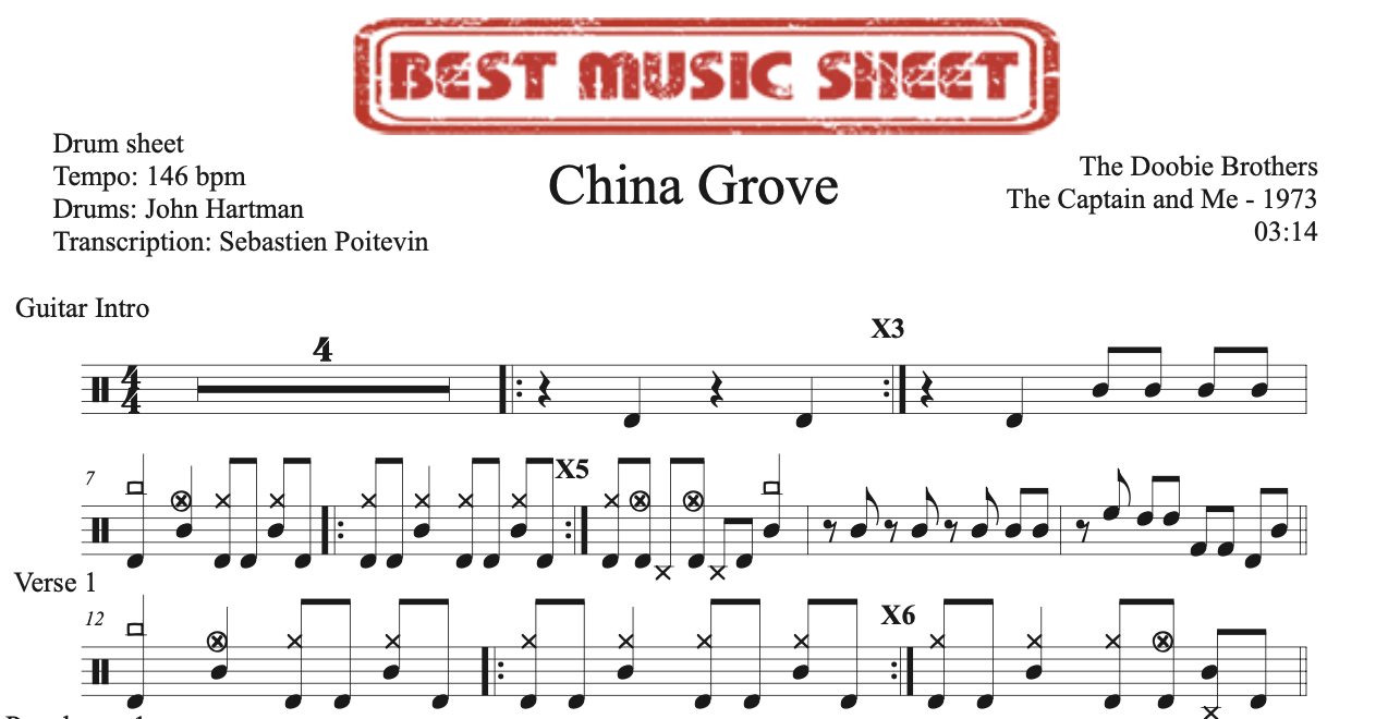 Sample drum sheet of China Grove by The Doobie Brothers