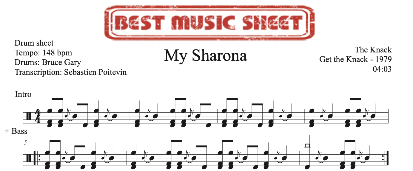 Sample drum sheet of My Sharona by The Knack