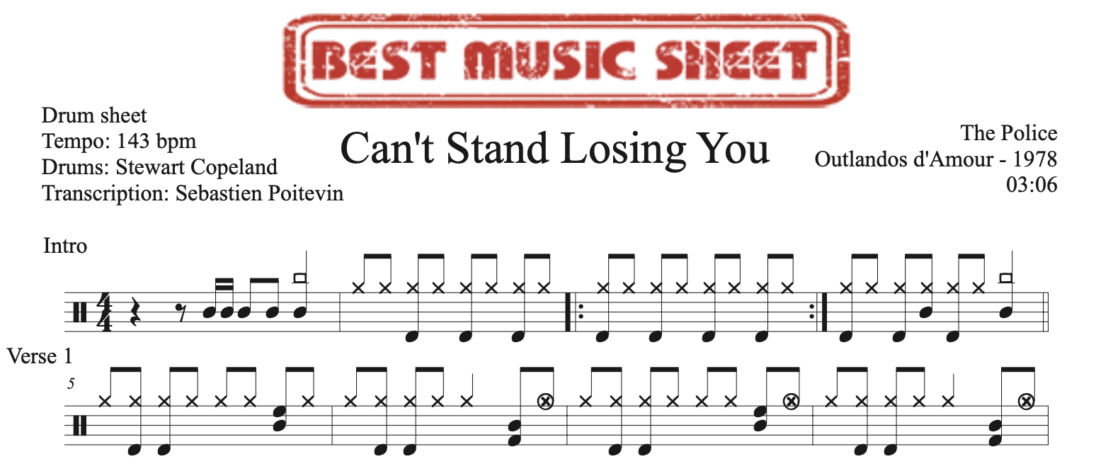 Sample drum sheet of Can't Stand Losing You by The Police