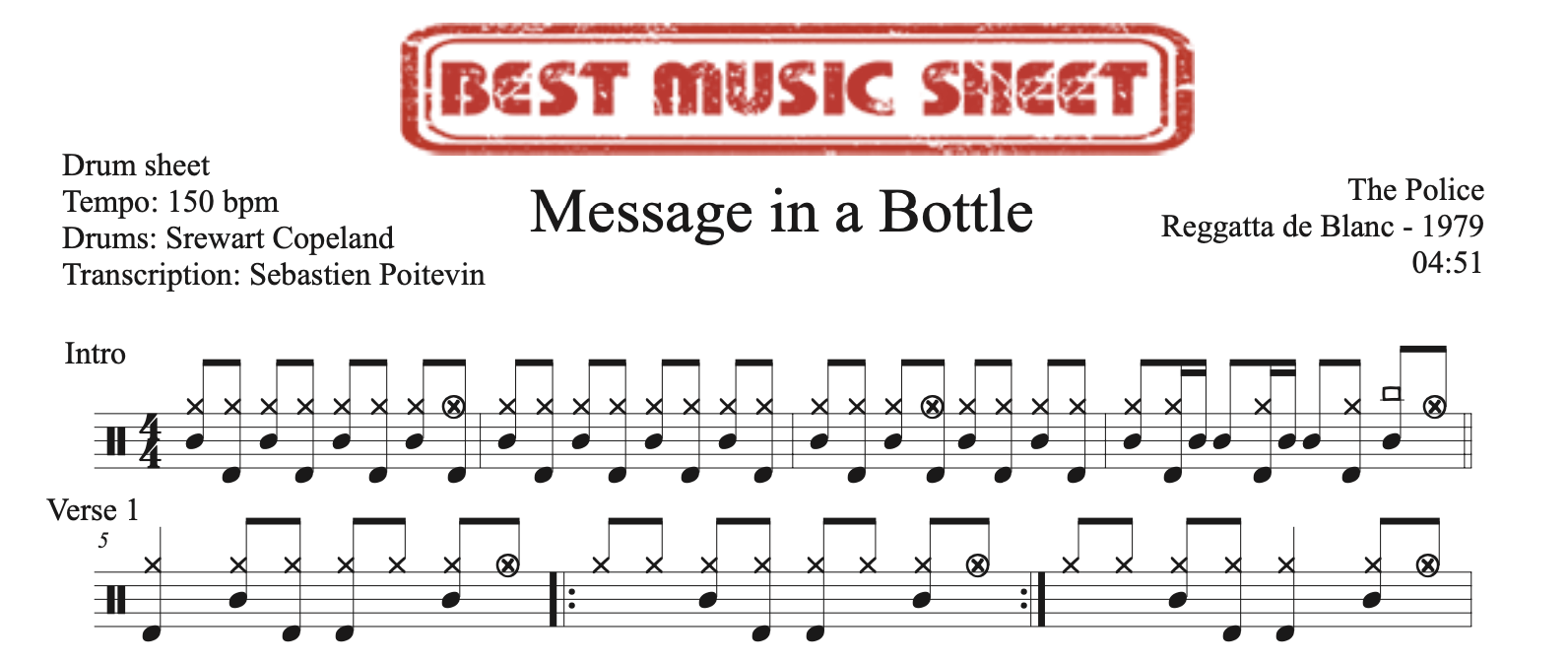 Sample drum sheet of Message in a Bottle by The Police