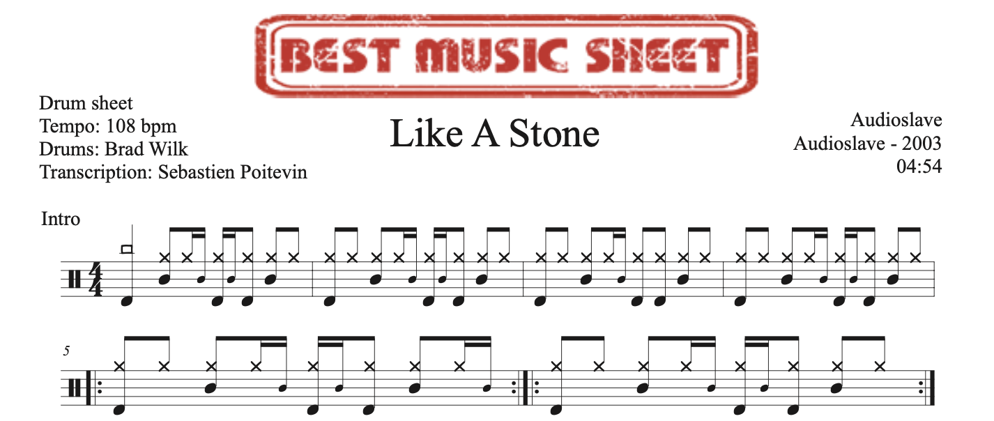 Sample drum sheet of Like A Stone by Audioslave