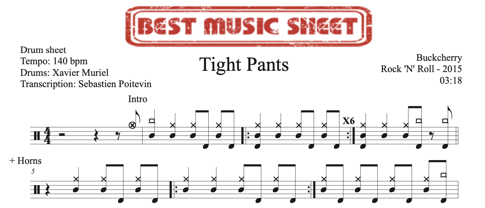 Sample drum sheet of Tight Pants by Buckcherry