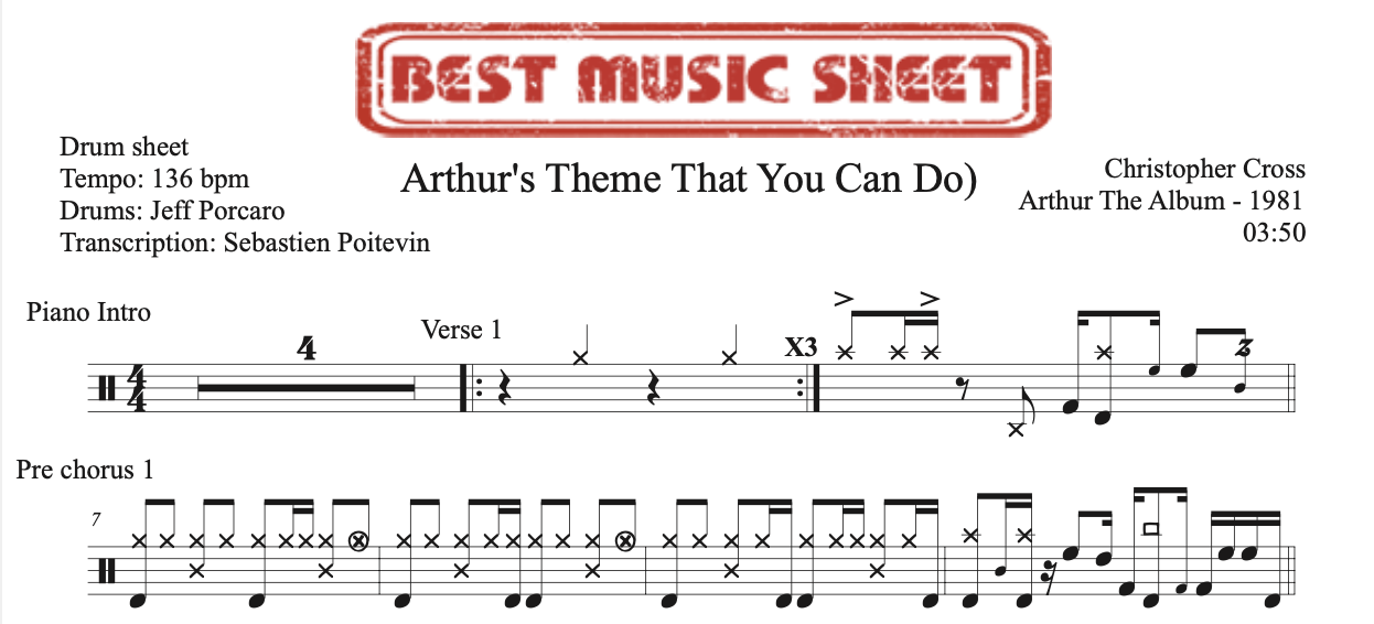 Sample drum sheet of Arthur's Theme (Best That You Can Do) by Christopher Cross